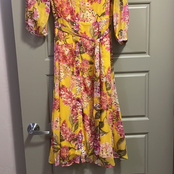 Harlow & Rose yellow and hot pink 3/4 sleeves flared midi dress with belt - Picture 4 of 8